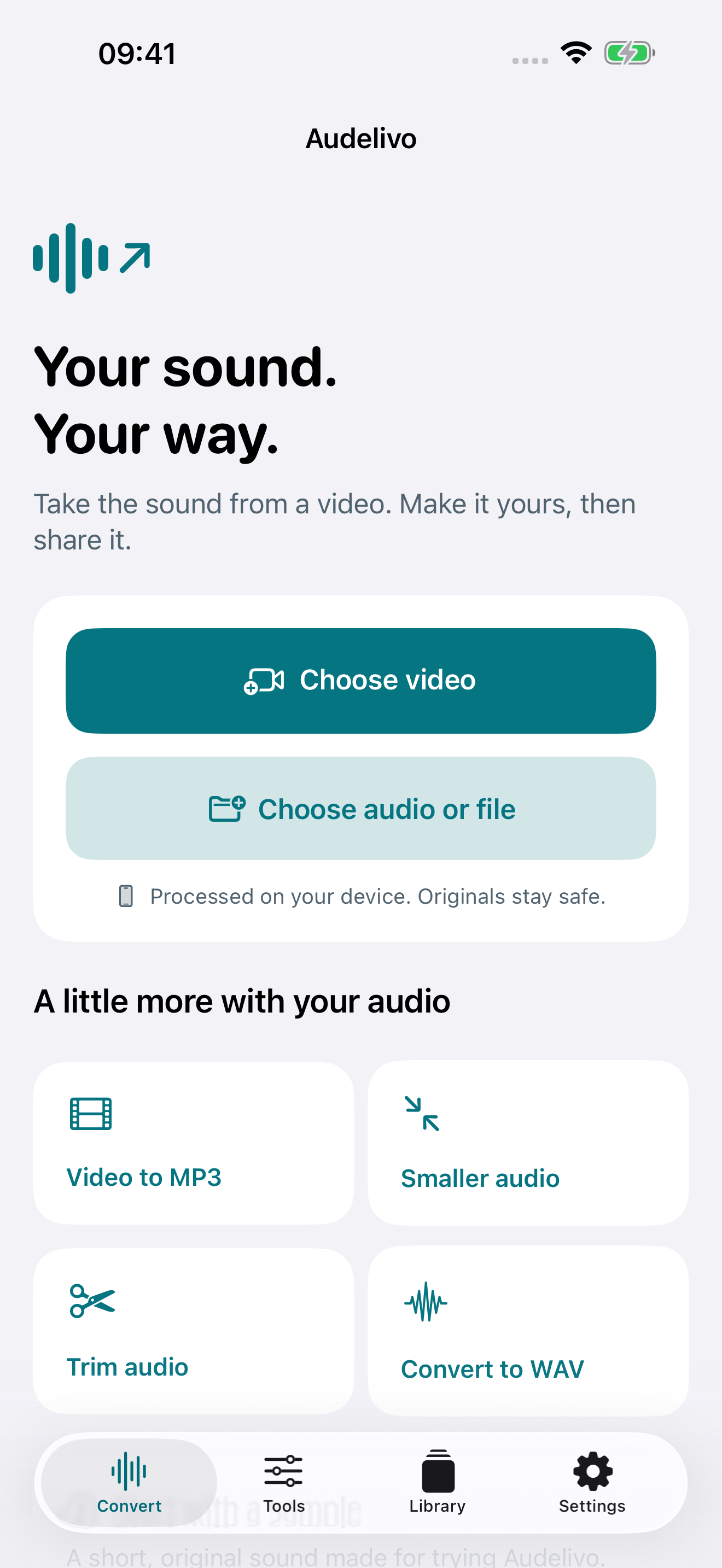 Audelivo home screen with video selection, Files import and audio tools